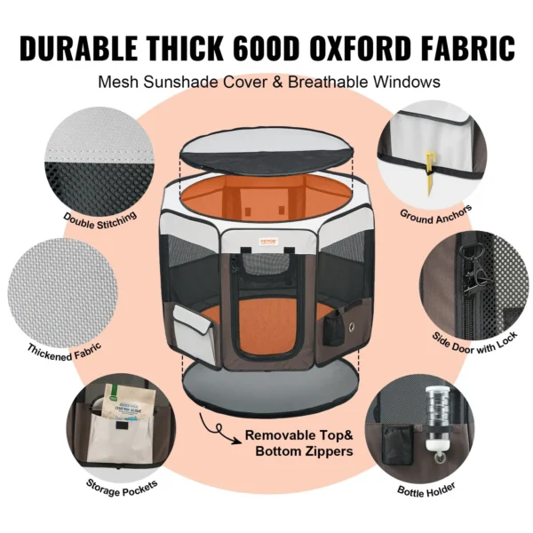 VEVOR Foldable Pet Playpen, 36 inch Portable Dog Playpen, Crate Kennel for Puppy, Dog, Cat, Premium Waterproof 600D Oxford Cloth, Removable Zipper, for Indoor Outdoor Travel Camping Use (Octagon, M) - Image 2