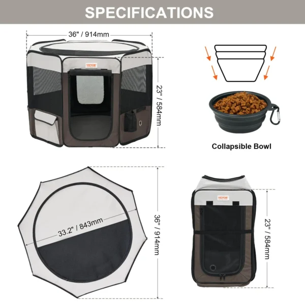 VEVOR Foldable Pet Playpen, 36 inch Portable Dog Playpen, Crate Kennel for Puppy, Dog, Cat, Premium Waterproof 600D Oxford Cloth, Removable Zipper, for Indoor Outdoor Travel Camping Use (Octagon, M) - Image 6