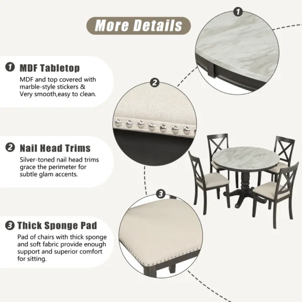 5 Pieces Dining Table and Chairs Set for 4 Persons, Kitchen Room Solid Wood Table with 4 Chairs - Image 3