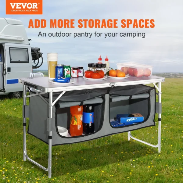 VEVOR Camping Kitchen Table, Quick set-up Folding Camping Table, 3 Adjustable Heights, MDF Camping Table, Ideal for Outdoor Picnics, BBQs, Camping, RV Traveling - Image 23