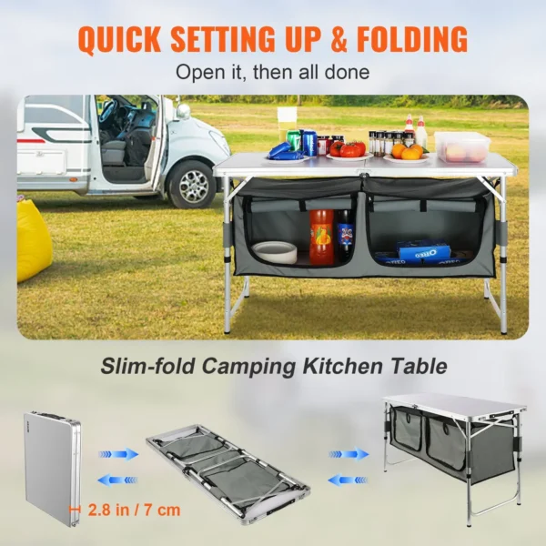 VEVOR Camping Kitchen Table, Quick set-up Folding Camping Table, 3 Adjustable Heights, MDF Camping Table, Ideal for Outdoor Picnics, BBQs, Camping, RV Traveling - Image 34