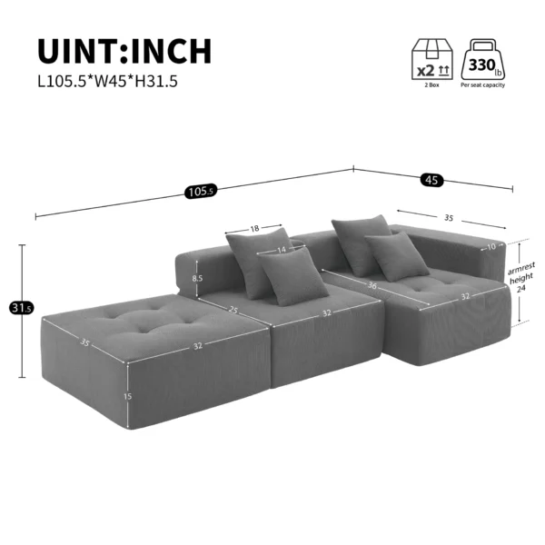 105.5''L Shaped Modular Sectional Sofa,Minimalist Corduroy Floor Couch Set,Convertible Foam-Filled Cloud Compressed Couch for Living Room,3 PC Free Combination,No Assembly Required,3 Colors - Image 2