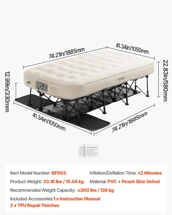 VEVOR Air Mattress with Frame, Inflatable 1 Person Camping Cot with Built-in Pump, Portable Folding Air Beds Supports 300 lbs, Blow Up Anywhere Bed for Guests Camping Travel Indoor & Outdoor Use - Image 6