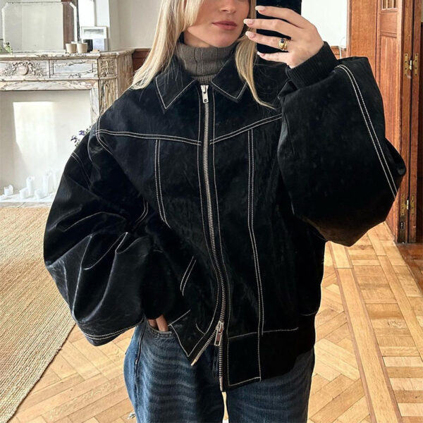 Loose Fashion Lapel Zip-up Jacket Cool Long Sleeve Zipper Closure Moto Biker Leather Jacket Womens Clothing - Image 3