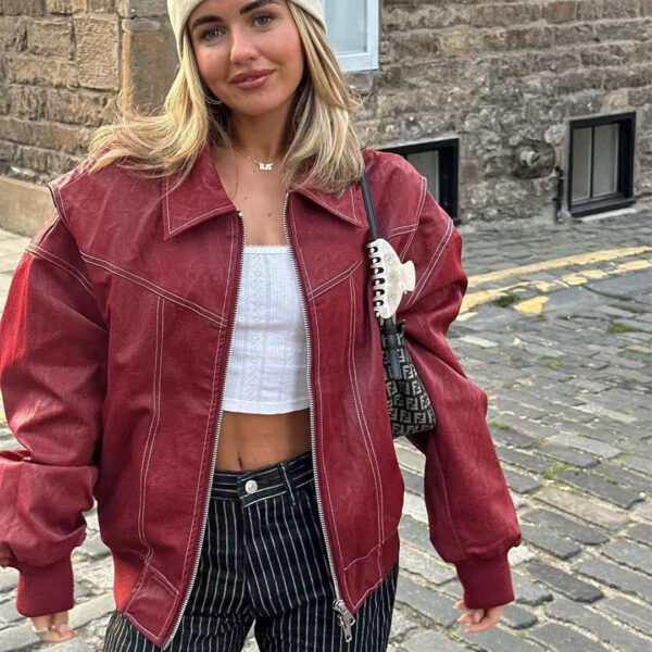 Loose Fashion Lapel Zip-up Jacket Cool Long Sleeve Zipper Closure Moto Biker Leather Jacket Womens Clothing - Image 10