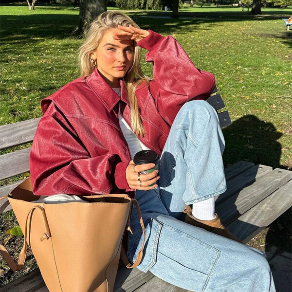 Loose Fashion Lapel Zip-up Jacket Cool Long Sleeve Zipper Closure Moto Biker Leather Jacket Womens Clothing - Image 7