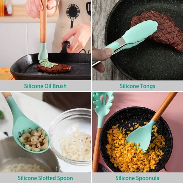 2 Color Options -- Set Of 11Pcs Silicone Cooking Utensil Set Heat Resist Wooden Handle Silicone Spatula Turner Ladle Spaghetti Server Tongs Spoon Egg Kitchenware Set With Holder - Image 8