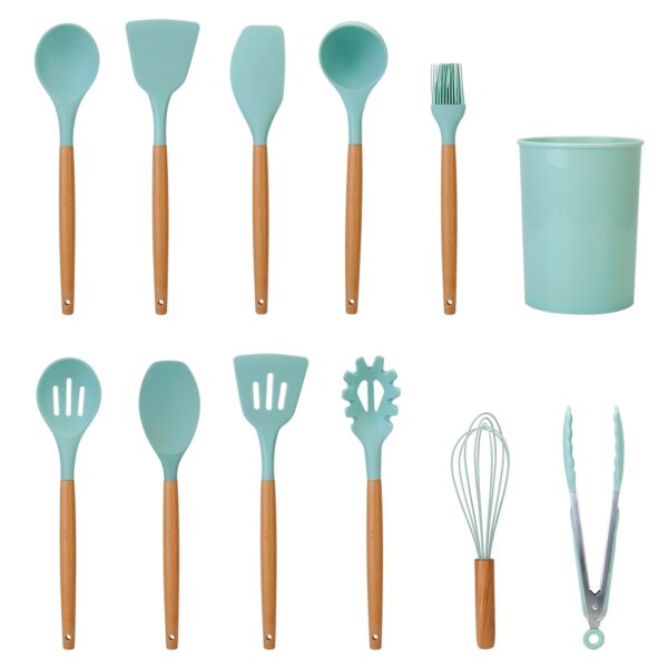 2 Color Options -- Set Of 11Pcs Silicone Cooking Utensil Set Heat Resist Wooden Handle Silicone Spatula Turner Ladle Spaghetti Server Tongs Spoon Egg Kitchenware Set With Holder - Image 10