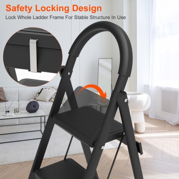 1Pc 3Step Foldable Ladder With Wide Anti-Slip Pedal Safety Locking Design Soft Handgrip Portable Lightweight Folding Step Stool 330LBS Load Capacity For Household Kitchen Office - Image 2