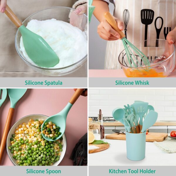2 Color Options -- Set Of 11Pcs Silicone Cooking Utensil Set Heat Resist Wooden Handle Silicone Spatula Turner Ladle Spaghetti Server Tongs Spoon Egg Kitchenware Set With Holder - Image 4