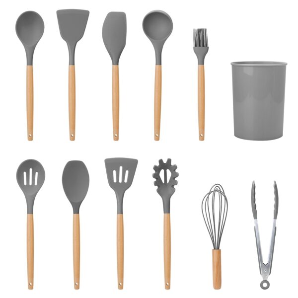 2 Color Options -- Set Of 11Pcs Silicone Cooking Utensil Set Heat Resist Wooden Handle Silicone Spatula Turner Ladle Spaghetti Server Tongs Spoon Egg Kitchenware Set With Holder - Image 5