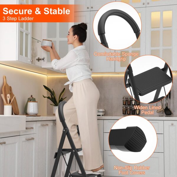 1Pc 3Step Foldable Ladder With Wide Anti-Slip Pedal Safety Locking Design Soft Handgrip Portable Lightweight Folding Step Stool 330LBS Load Capacity For Household Kitchen Office - Image 6