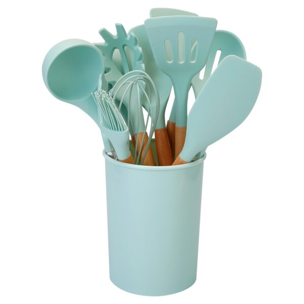 2 Color Options -- Set Of 11Pcs Silicone Cooking Utensil Set Heat Resist Wooden Handle Silicone Spatula Turner Ladle Spaghetti Server Tongs Spoon Egg Kitchenware Set With Holder - Image 2