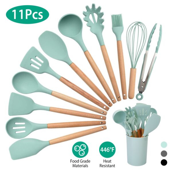 2 Color Options -- Set Of 11Pcs Silicone Cooking Utensil Set Heat Resist Wooden Handle Silicone Spatula Turner Ladle Spaghetti Server Tongs Spoon Egg Kitchenware Set With Holder - Image 6