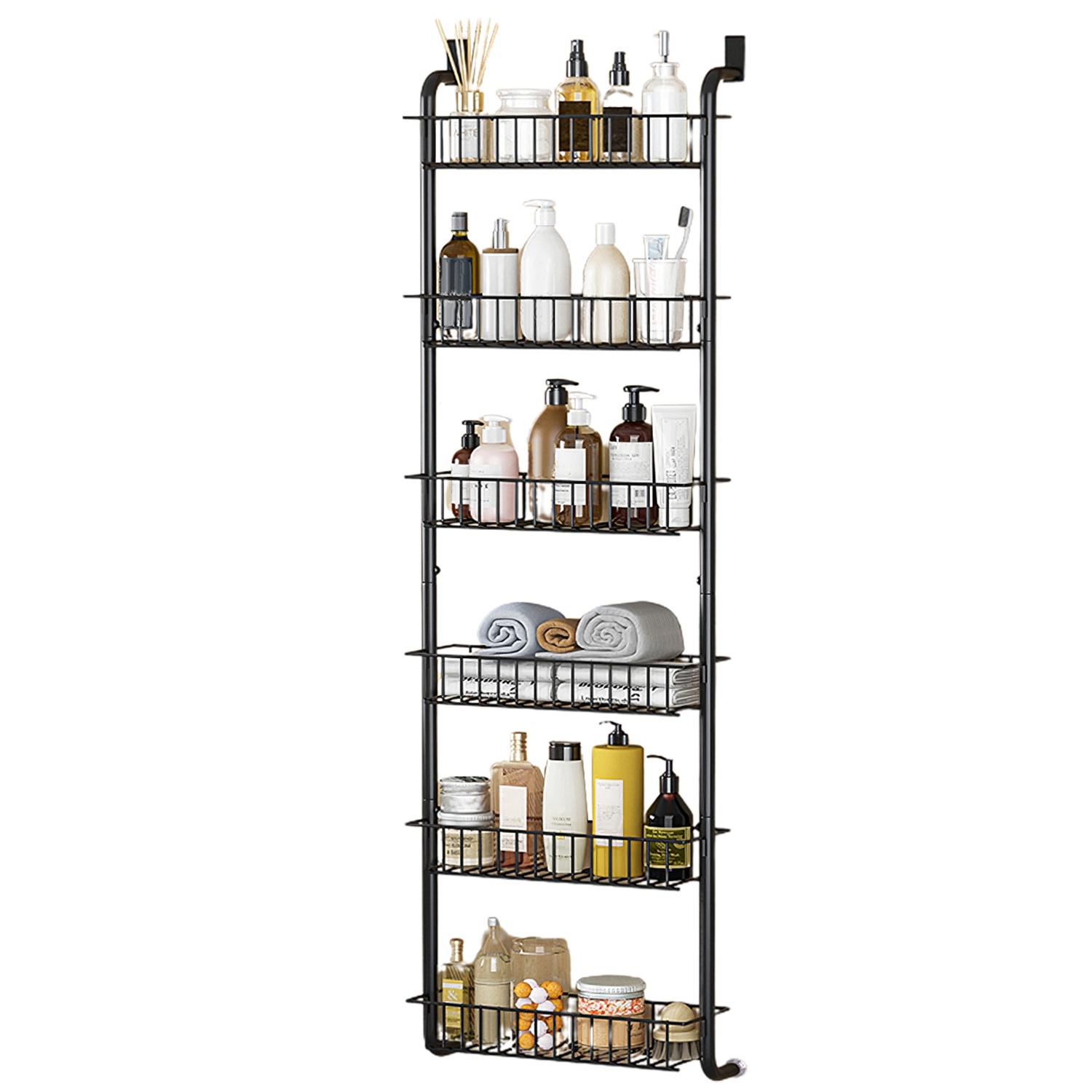 1Pc 6 Tier Over Door Pantry Organizer Hanging Hooks Door Storage Rack Carbon Steel Basket 62.99in Over Door Shelf For Kitchen Bathroom - Image 3