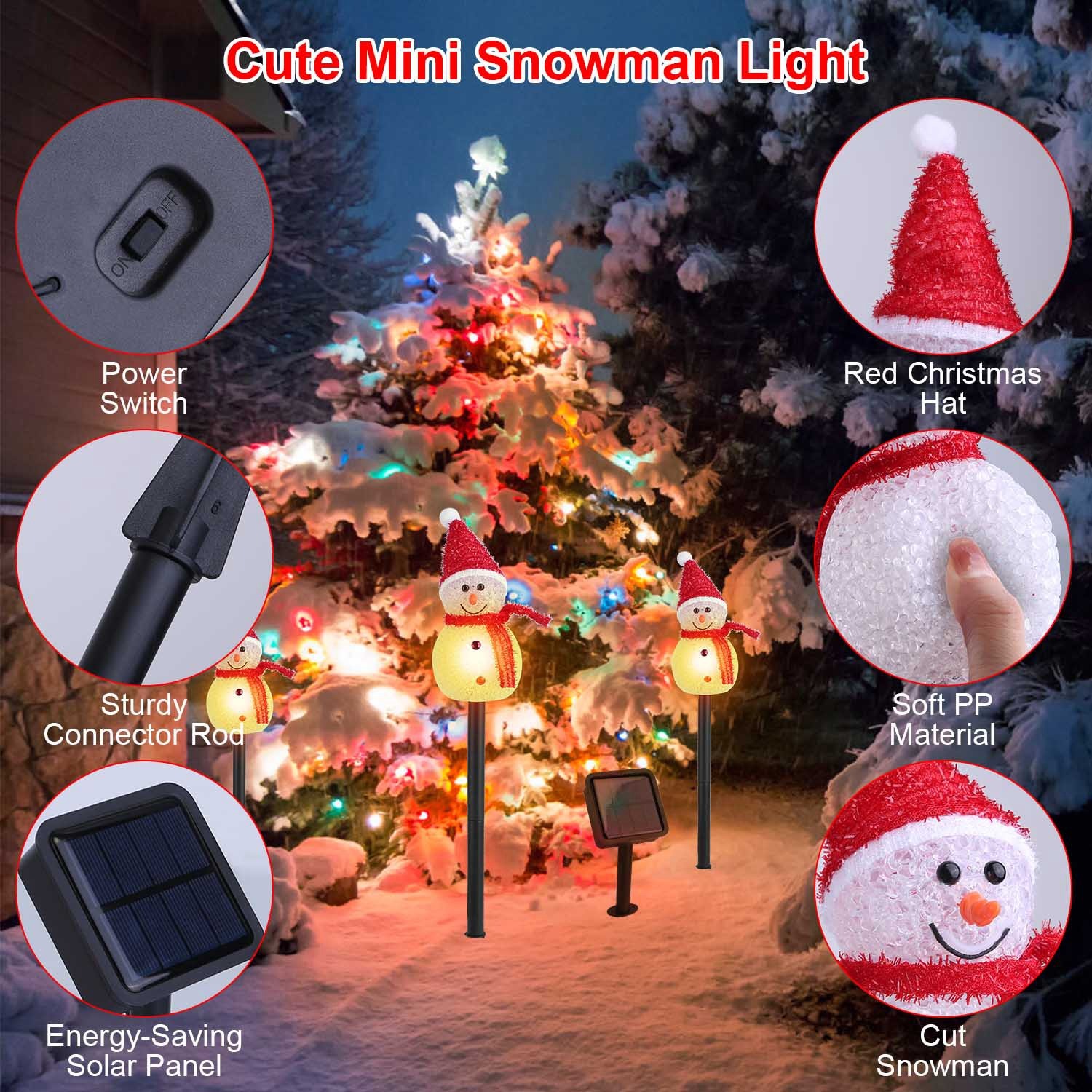 1Pc Solar Powered Lamp 3 Snowmen Outdoor Decorative Christmas Lamp Garden Stake Light IP55 Waterproof Santa Landscape Light Warm White LED Lighting Pathway Yard Patio - Image 6