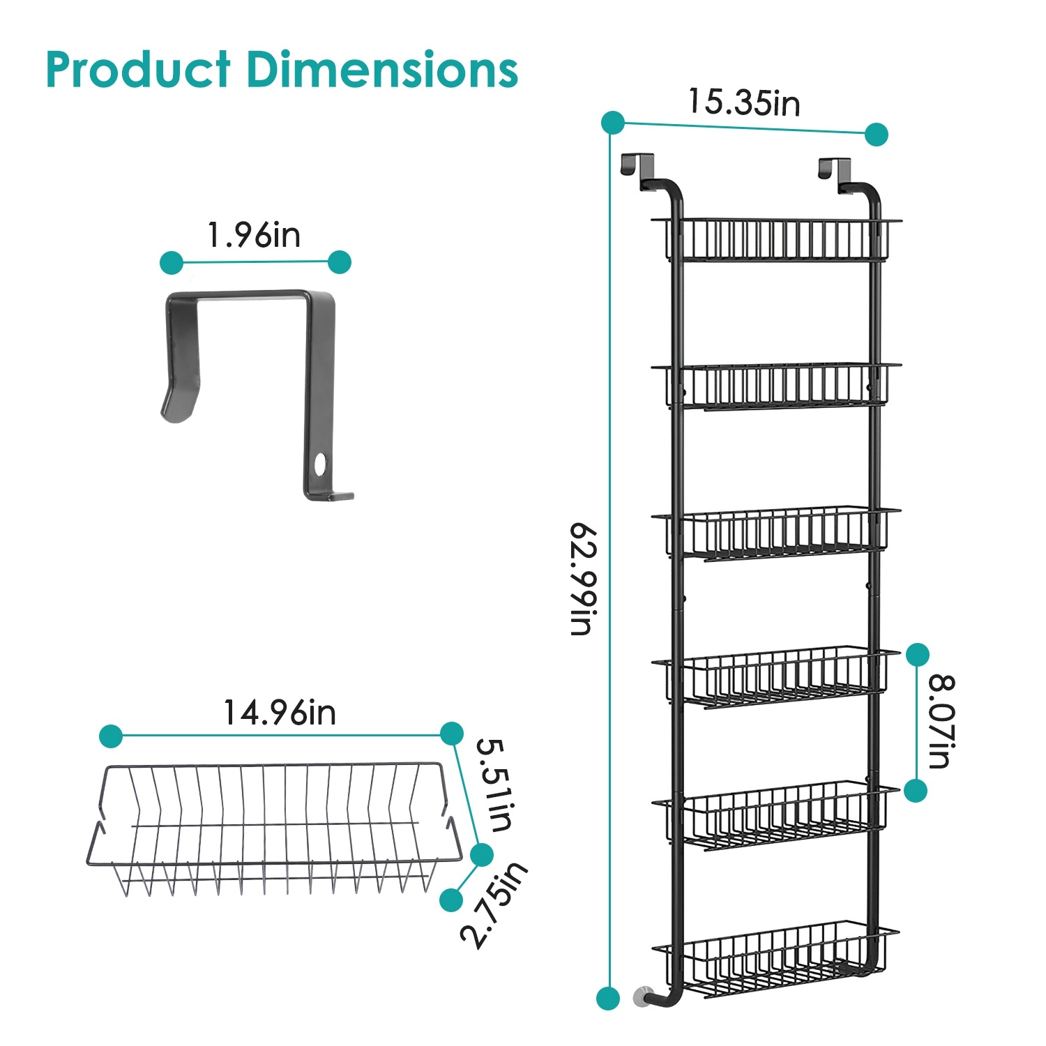 1Pc 6 Tier Over Door Pantry Organizer Hanging Hooks Door Storage Rack Carbon Steel Basket 62.99in Over Door Shelf For Kitchen Bathroom - Image 9