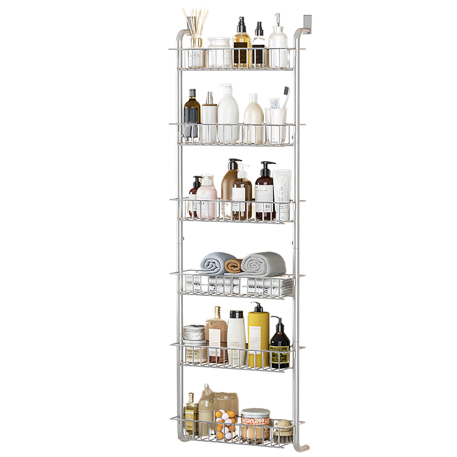 1Pc 6 Tier Over Door Pantry Organizer Hanging Hooks Door Storage Rack Carbon Steel Basket 62.99in Over Door Shelf For Kitchen Bathroom - Image 5