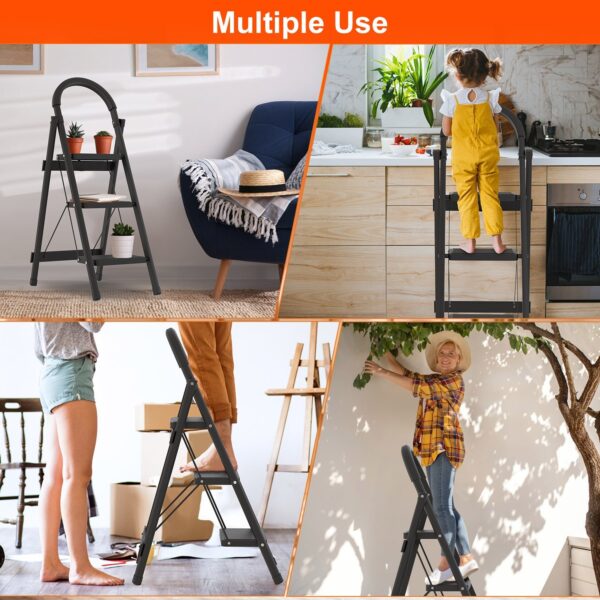 1Pc 3Step Foldable Ladder With Wide Anti-Slip Pedal Safety Locking Design Soft Handgrip Portable Lightweight Folding Step Stool 330LBS Load Capacity For Household Kitchen Office - Image 7