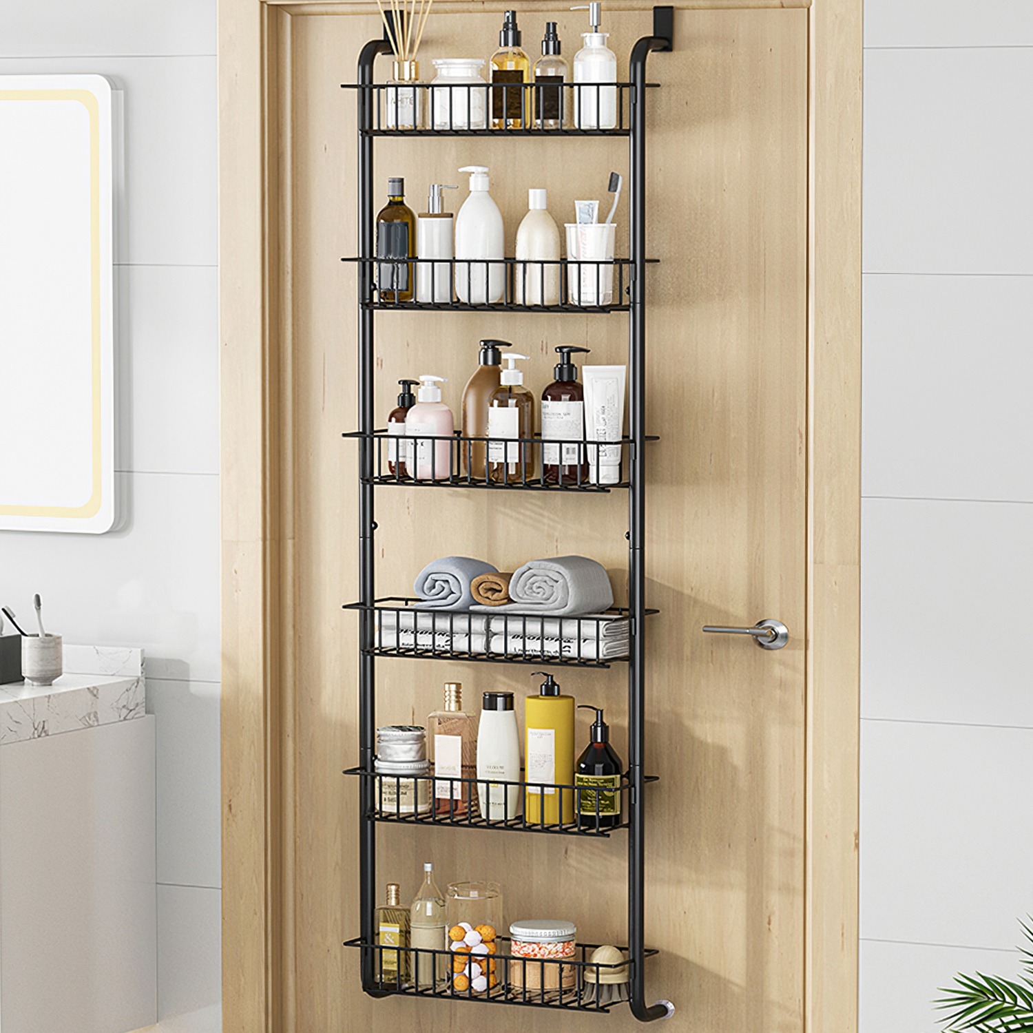 1Pc 6 Tier Over Door Pantry Organizer Hanging Hooks Door Storage Rack Carbon Steel Basket 62.99in Over Door Shelf For Kitchen Bathroom - Image 2