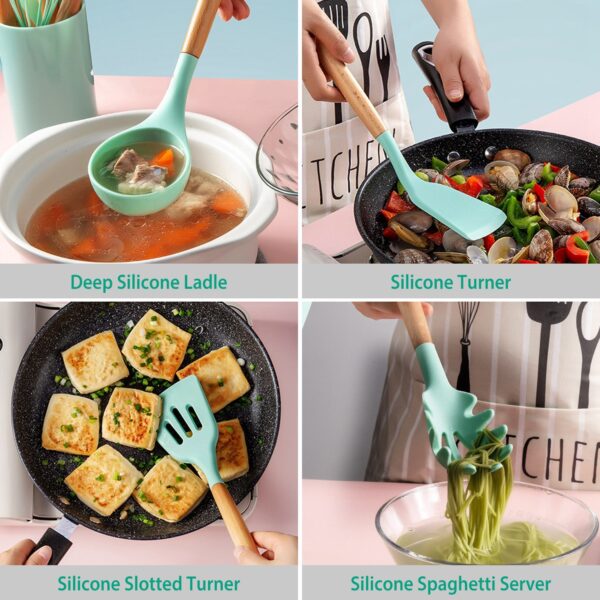 2 Color Options -- Set Of 11Pcs Silicone Cooking Utensil Set Heat Resist Wooden Handle Silicone Spatula Turner Ladle Spaghetti Server Tongs Spoon Egg Kitchenware Set With Holder - Image 9