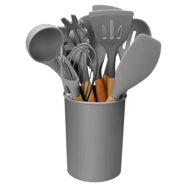 2 Color Options -- Set Of 11Pcs Silicone Cooking Utensil Set Heat Resist Wooden Handle Silicone Spatula Turner Ladle Spaghetti Server Tongs Spoon Egg Kitchenware Set With Holder - Image 7