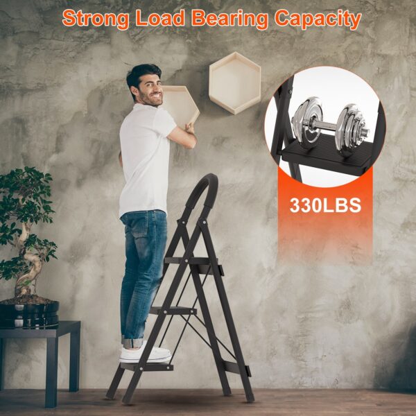 1Pc 3Step Foldable Ladder With Wide Anti-Slip Pedal Safety Locking Design Soft Handgrip Portable Lightweight Folding Step Stool 330LBS Load Capacity For Household Kitchen Office - Image 9