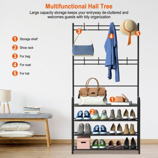 Entryway Coat Hat Rack Shoe Storage Shelf 5 Tier Shoe Rack Freestanding Hall Tree Garment Hanger Stand Clothes Shoe Organizer Combo - Image 5