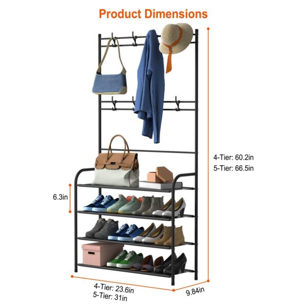 Entryway Coat Hat Rack Shoe Storage Shelf 5 Tier Shoe Rack Freestanding Hall Tree Garment Hanger Stand Clothes Shoe Organizer Combo - Image 10
