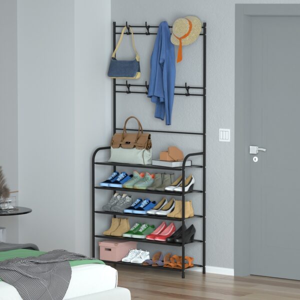 Entryway Coat Hat Rack Shoe Storage Shelf 5 Tier Shoe Rack Freestanding Hall Tree Garment Hanger Stand Clothes Shoe Organizer Combo - Image 9