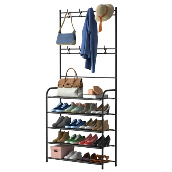 Entryway Coat Hat Rack Shoe Storage Shelf 5 Tier Shoe Rack Freestanding Hall Tree Garment Hanger Stand Clothes Shoe Organizer Combo - Image 3