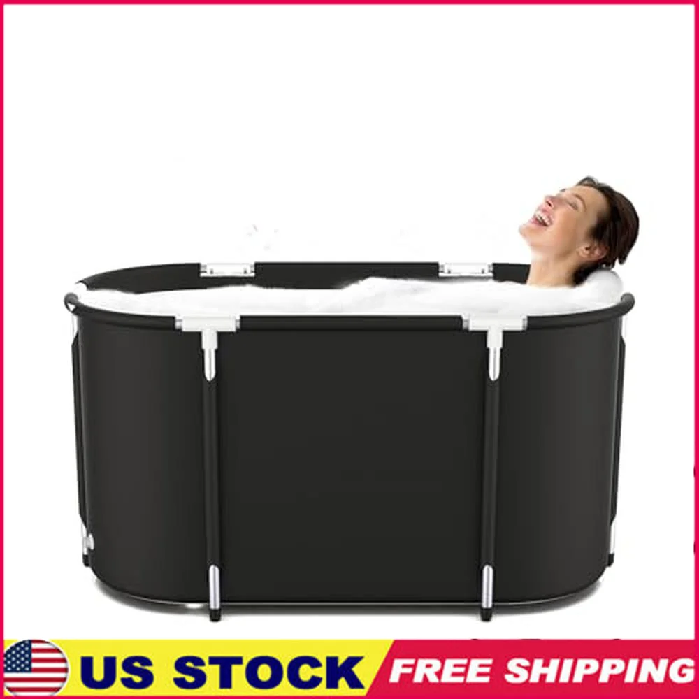 Portable Collapsible Bathtub Aluminum Alloy Large Space with Double Drain Black Easy Install Foldable Adults Soaking Tub Storage