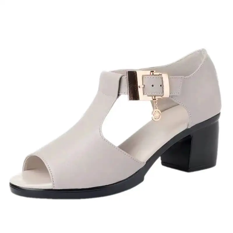 Ladies Shoes on Sale 2024 Brand One-word Buckle Women's Sandals Summer Solid Open Toe Chunky Heels Roman Fish Mouth Sandals - Image 6