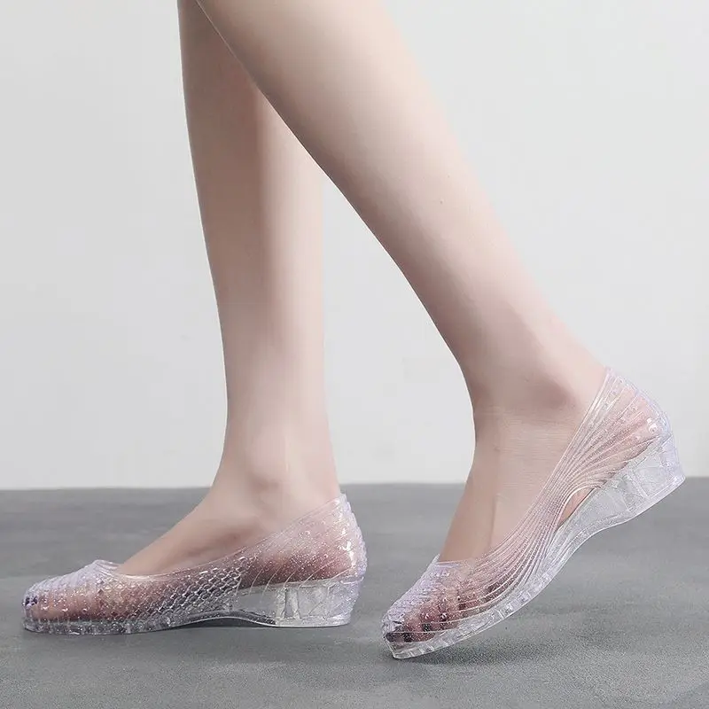 90s jelly sandals women's summer clear wedged shoes ladies slip on low heel sandals woman shallow transparent shoes mom sandals - Image 6