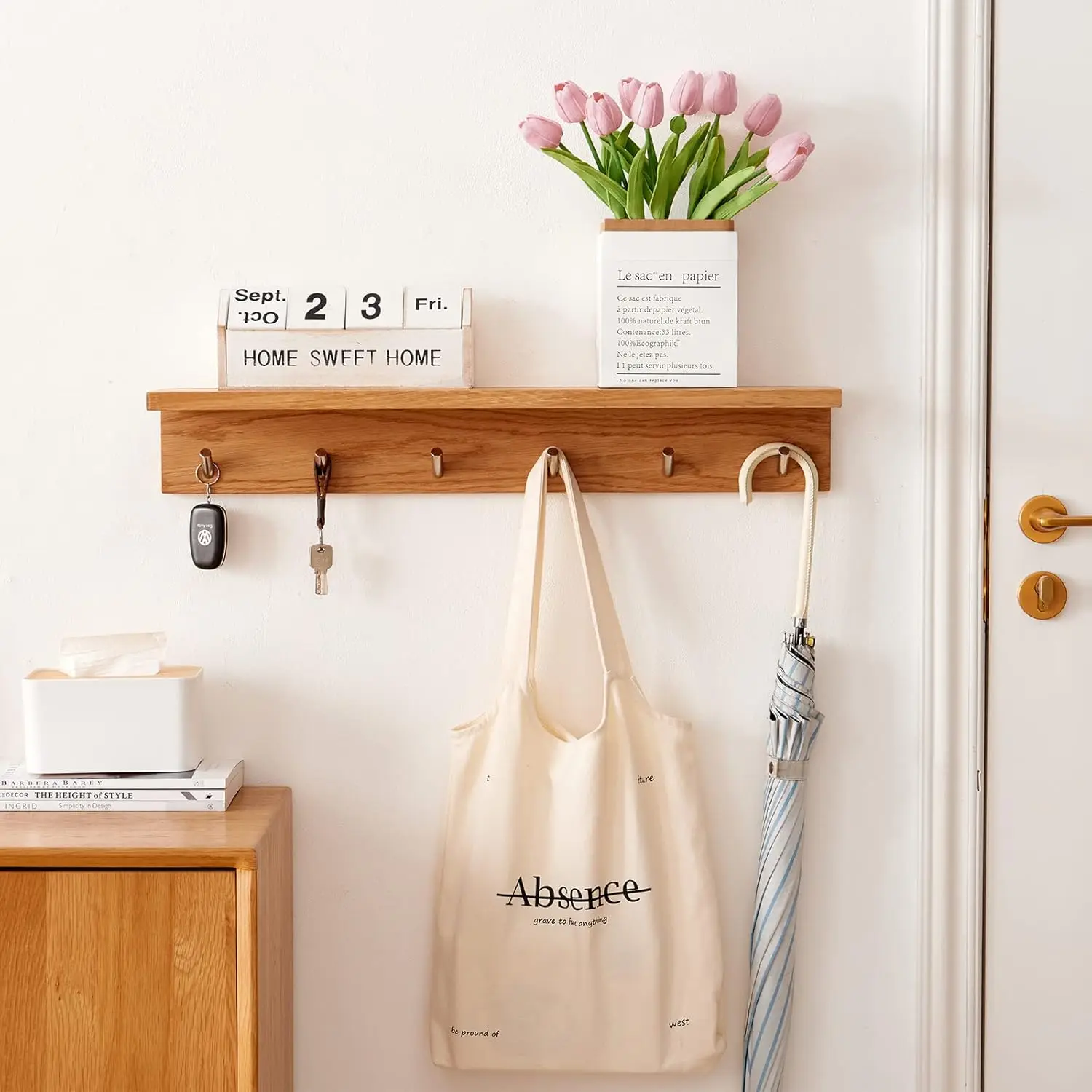 t Rack Shelf Wall Mounted Oak Wood Entryway Shelf With 6 Hooks Wall Coat Hook Rack With Floating Shelf For Bedroom, Living - Image 5