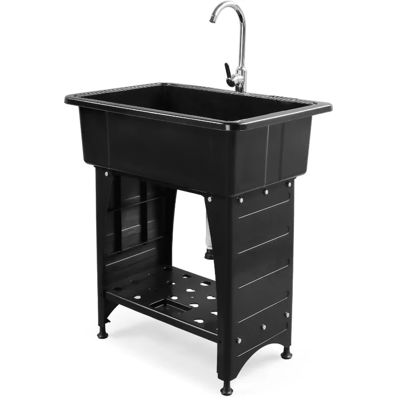 Spacious White Utility Sink Laundry Tub for Laundry Room, Garage Washing Station, Slop Sink, Freestanding Sink ,Black