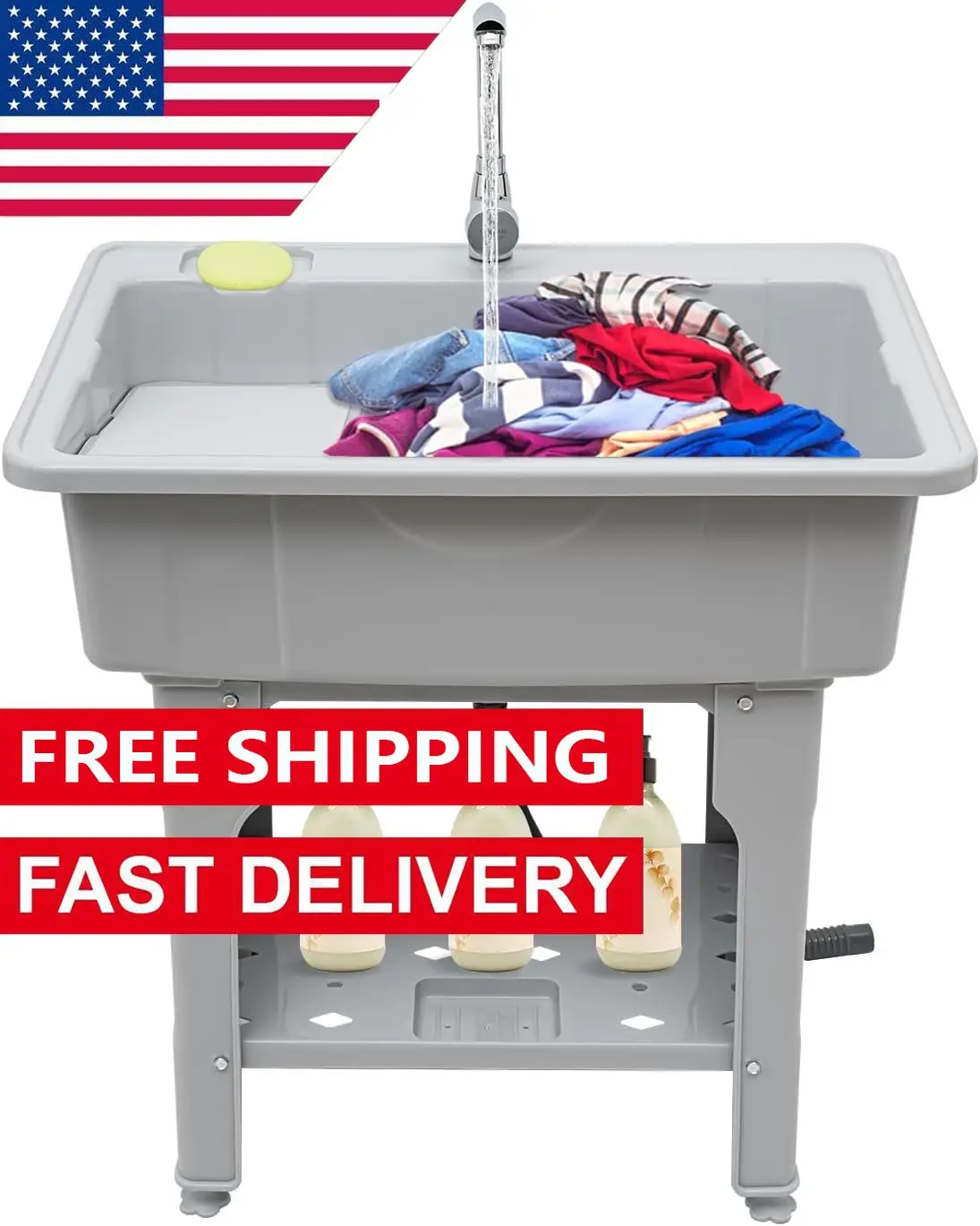 Gray Utility Sink Laundry Tub, Freestanding Plastic Laundry Sink with Washboard & Cold and Hot Water Faucet 2025 NEW