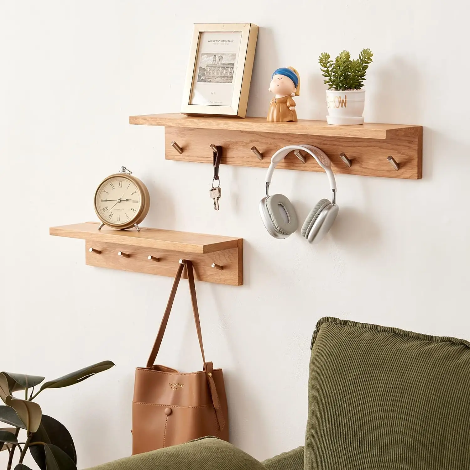 t Rack Shelf Wall Mounted Oak Wood Entryway Shelf With 6 Hooks Wall Coat Hook Rack With Floating Shelf For Bedroom, Living - Image 4